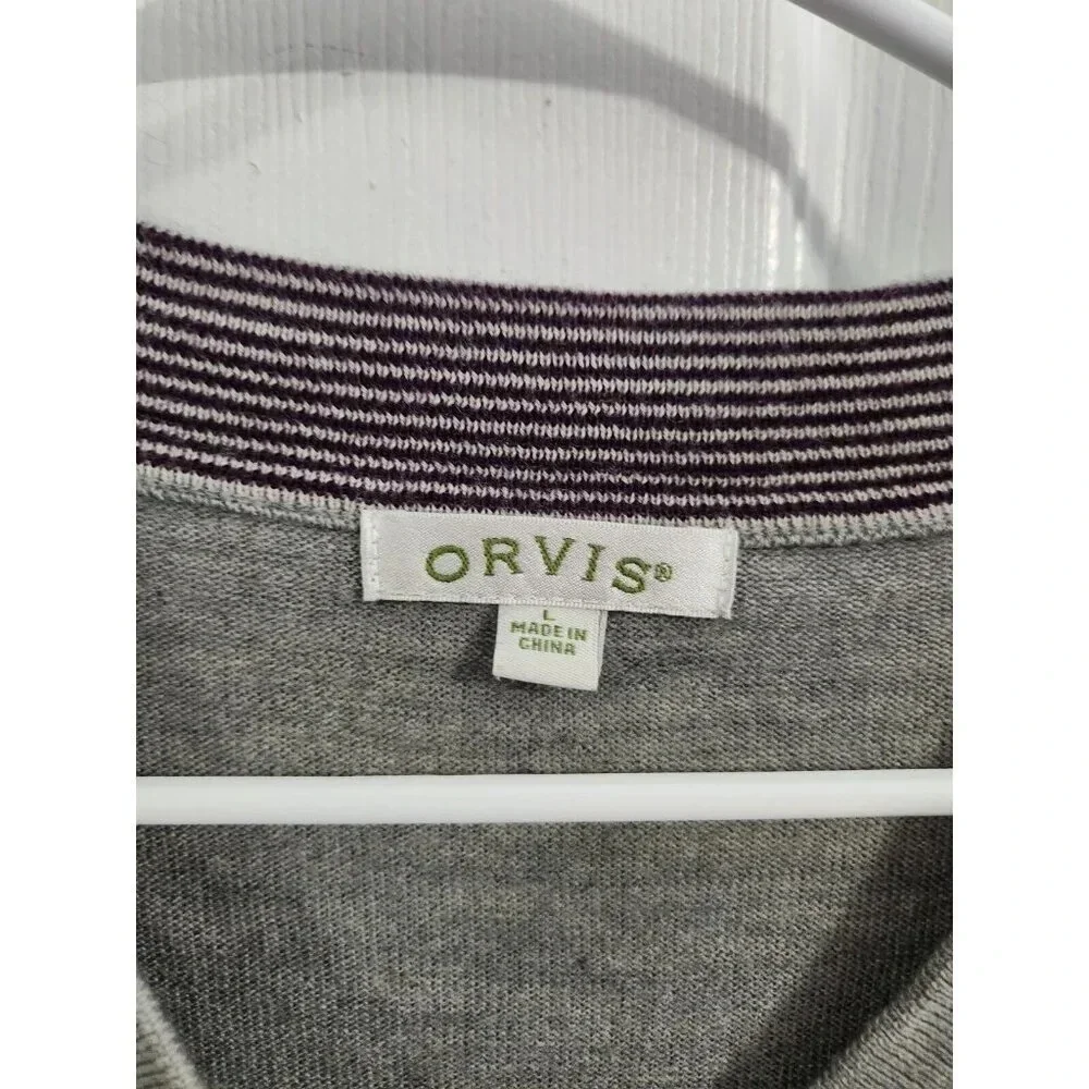Orvis 100% Marino Wool Minimalist Normcore gray Vneck pullover sweater  large